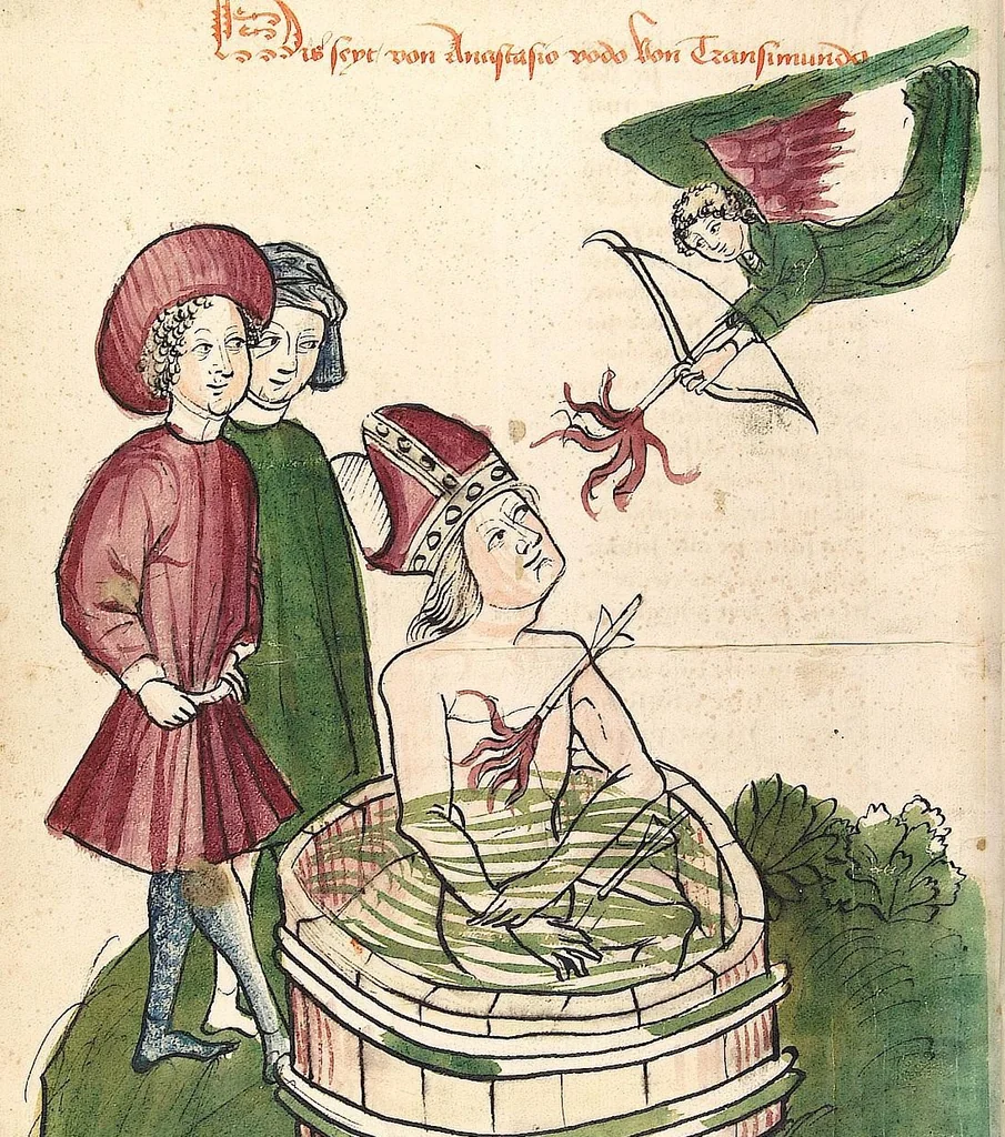An illustration from Historia septem sapientum, dt. ; Martinus Oppaviensis: Chronicon pontificum et imperatorum, dt., 1450, leaf 346