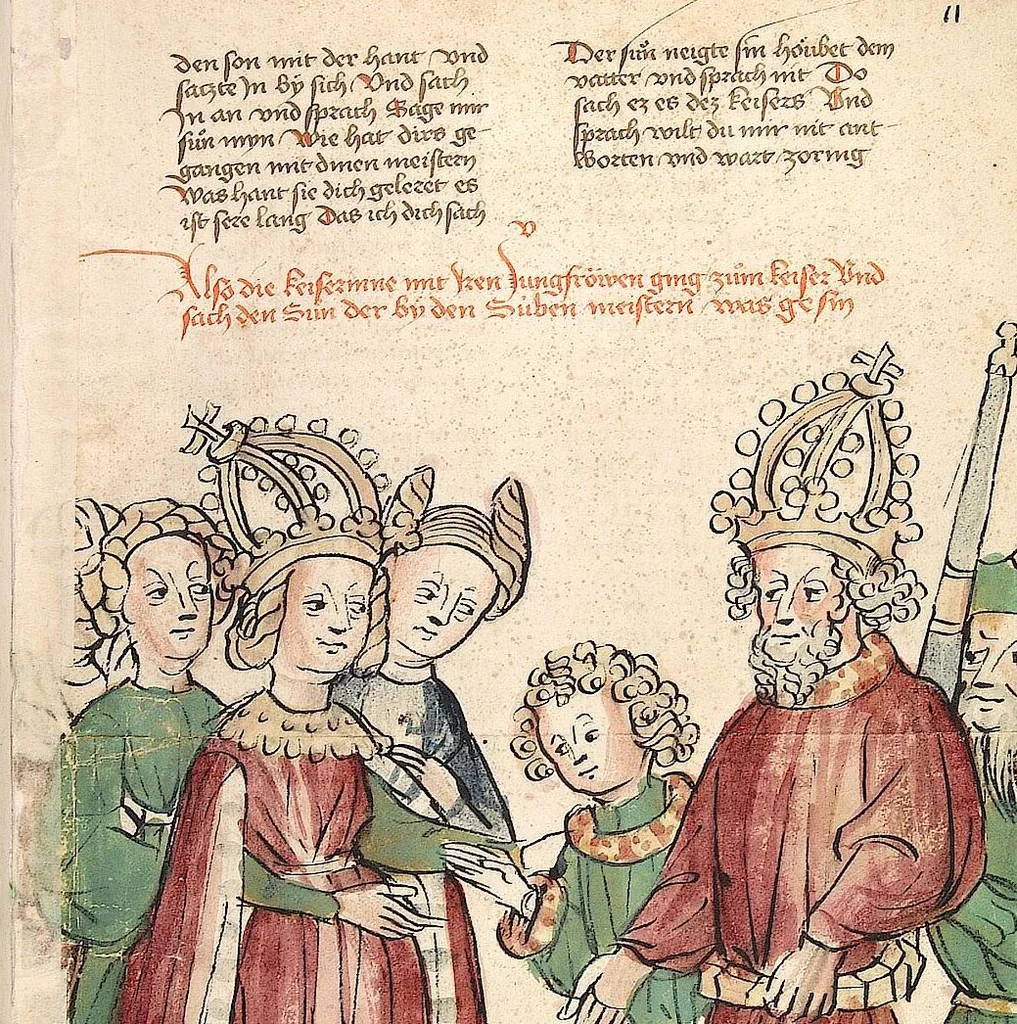 An illustration from Historia septem sapientum, dt. ; Martinus Oppaviensis: Chronicon pontificum et imperatorum, dt., 1450, leaf 35