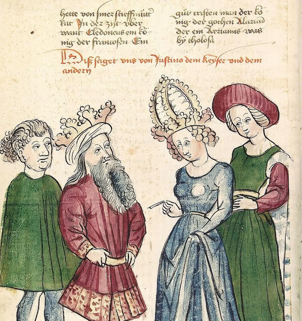 An illustration from Historia septem sapientum, dt. ; Martinus Oppaviensis: Chronicon pontificum et imperatorum, dt., 1450, leaf 352