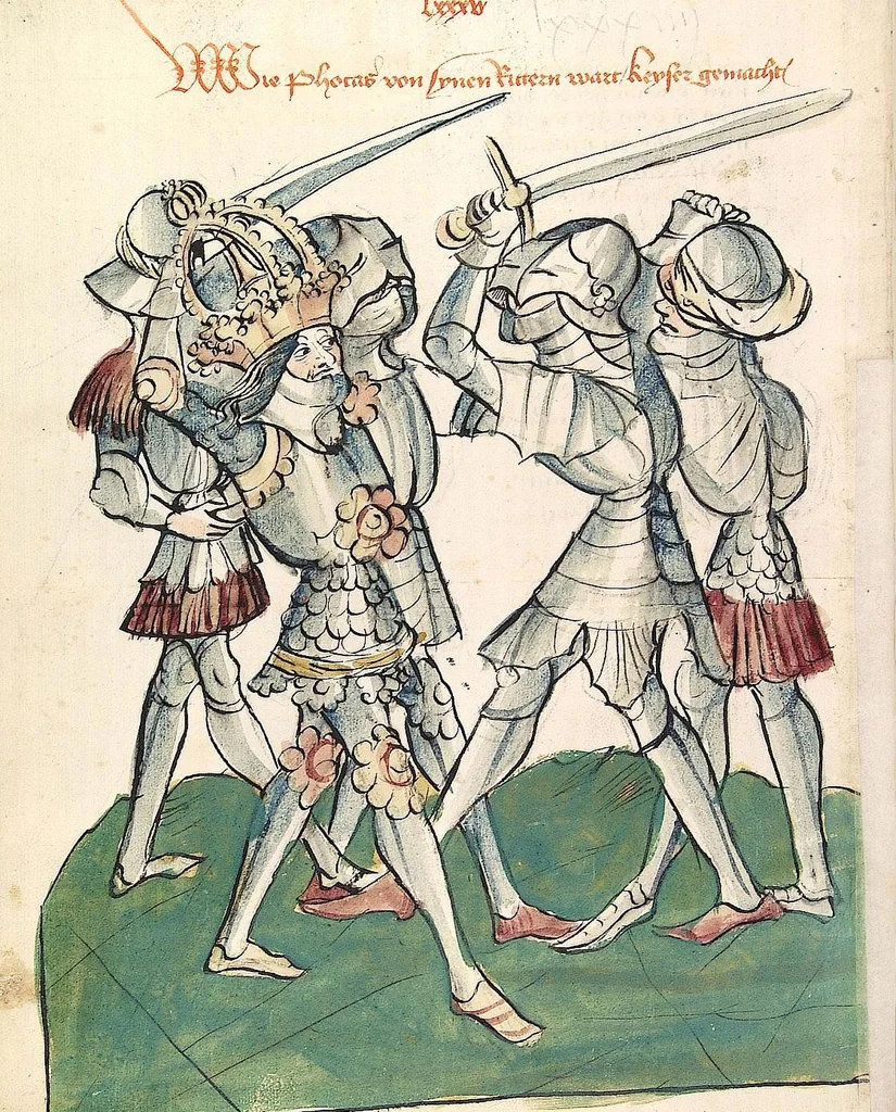 An illustration from Historia septem sapientum, dt. ; Martinus Oppaviensis: Chronicon pontificum et imperatorum, dt., 1450, leaf 358