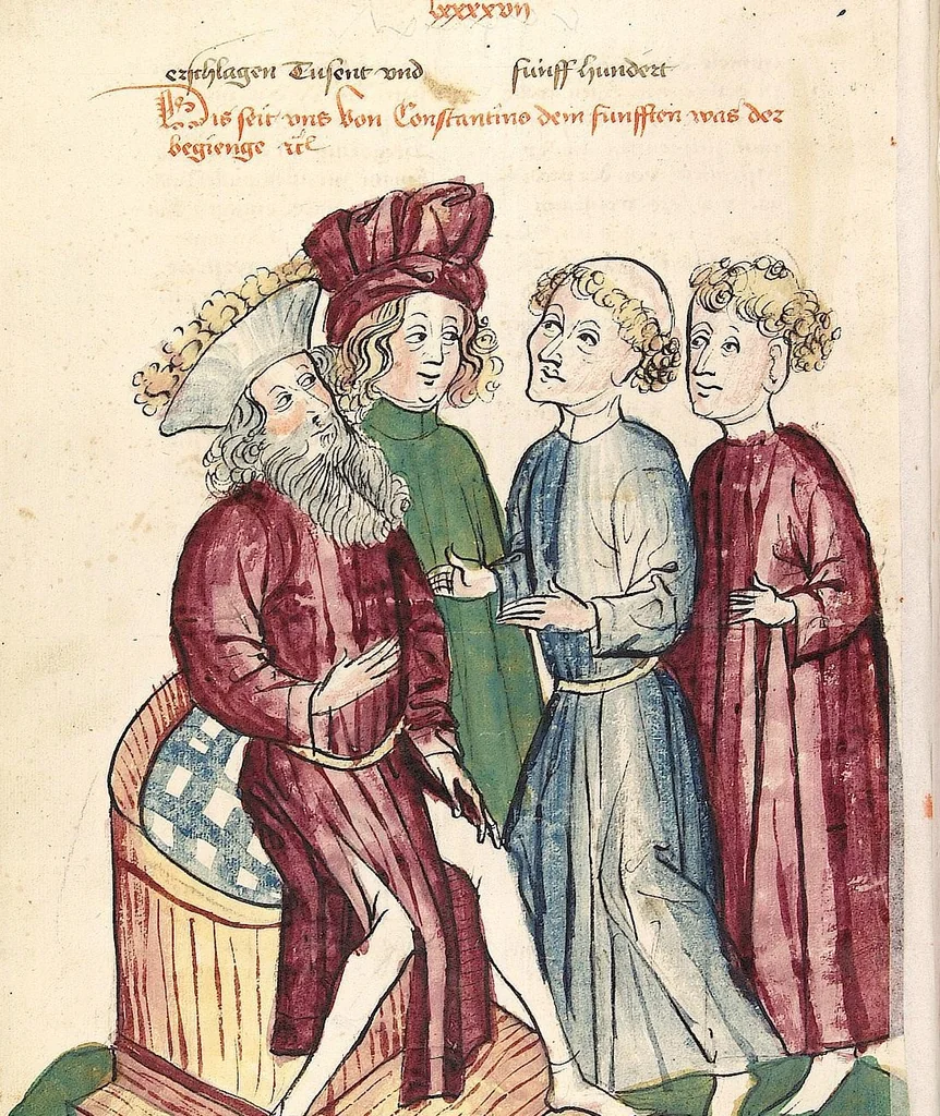 An illustration from Historia septem sapientum, dt. ; Martinus Oppaviensis: Chronicon pontificum et imperatorum, dt., 1450, leaf 372