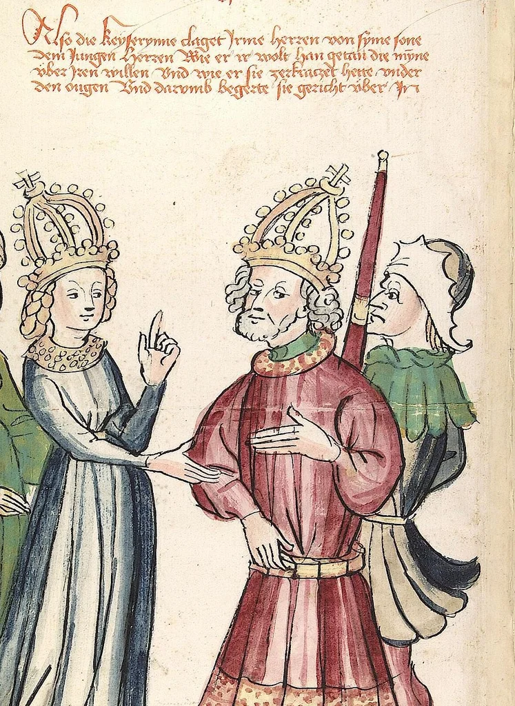 An illustration from Historia septem sapientum, dt. ; Martinus Oppaviensis: Chronicon pontificum et imperatorum, dt., 1450, leaf 38