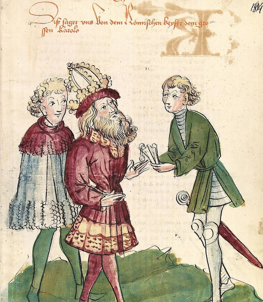 An illustration from Historia septem sapientum, dt. ; Martinus Oppaviensis: Chronicon pontificum et imperatorum, dt., 1450, leaf 381