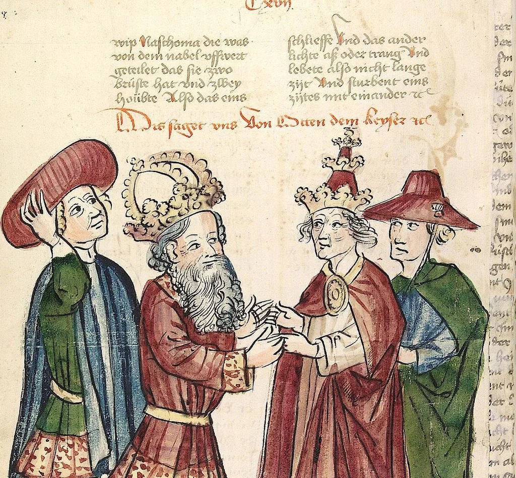 An illustration from Historia septem sapientum, dt. ; Martinus Oppaviensis: Chronicon pontificum et imperatorum, dt., 1450, leaf 398