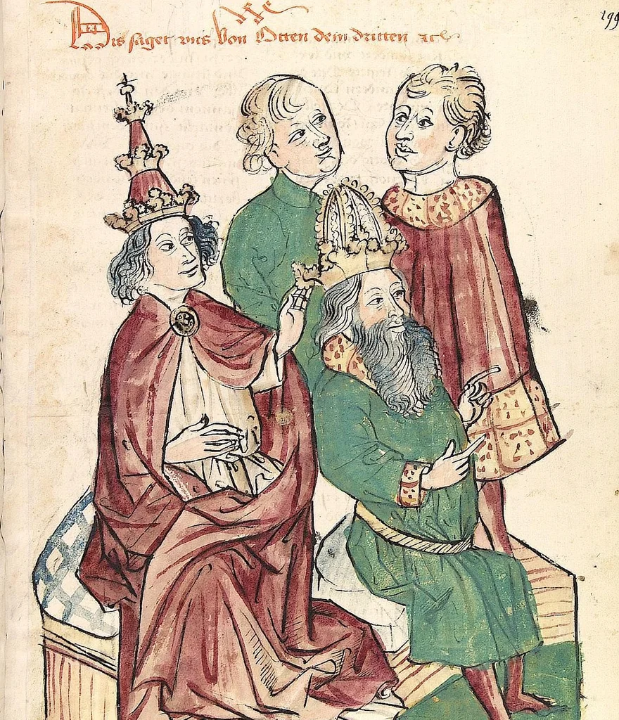 An illustration from Historia septem sapientum, dt. ; Martinus Oppaviensis: Chronicon pontificum et imperatorum, dt., 1450, leaf 403