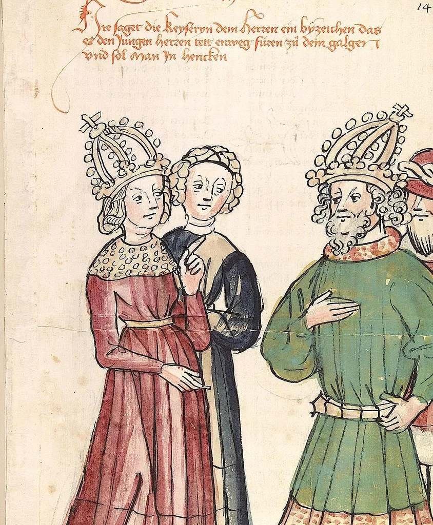 An illustration from Historia septem sapientum, dt. ; Martinus Oppaviensis: Chronicon pontificum et imperatorum, dt., 1450, leaf 41