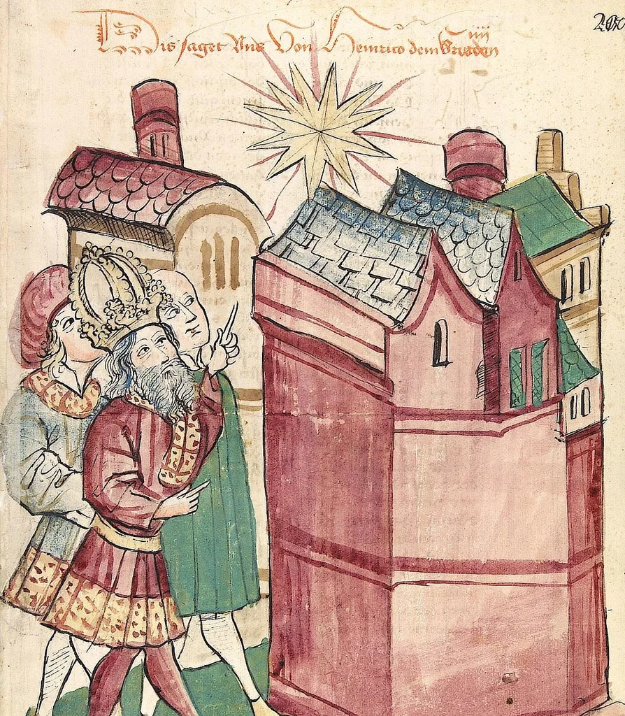 An illustration from Historia septem sapientum, dt. ; Martinus Oppaviensis: Chronicon pontificum et imperatorum, dt., 1450, leaf 413