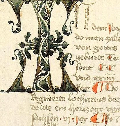An illustration from Historia septem sapientum, dt. ; Martinus Oppaviensis: Chronicon pontificum et imperatorum, dt., 1450, leaf 424