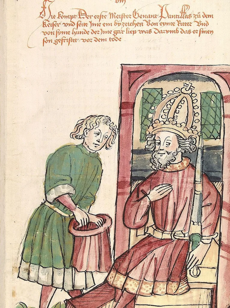 An illustration from Historia septem sapientum, dt. ; Martinus Oppaviensis: Chronicon pontificum et imperatorum, dt., 1450, leaf 45