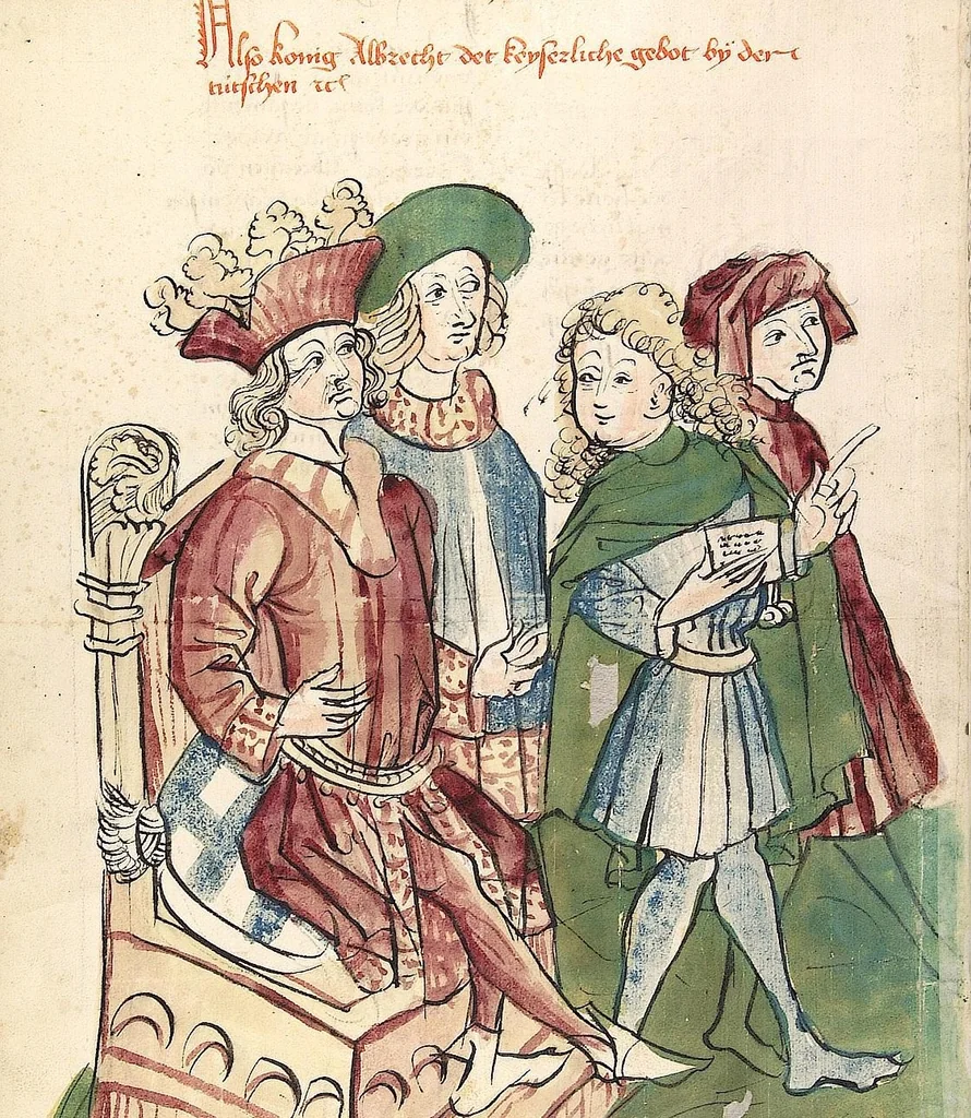 An illustration from Historia septem sapientum, dt. ; Martinus Oppaviensis: Chronicon pontificum et imperatorum, dt., 1450, leaf 454
