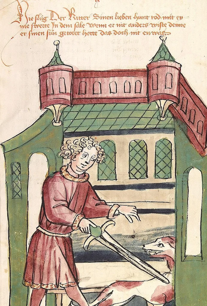 An illustration from Historia septem sapientum, dt. ; Martinus Oppaviensis: Chronicon pontificum et imperatorum, dt., 1450, leaf 49