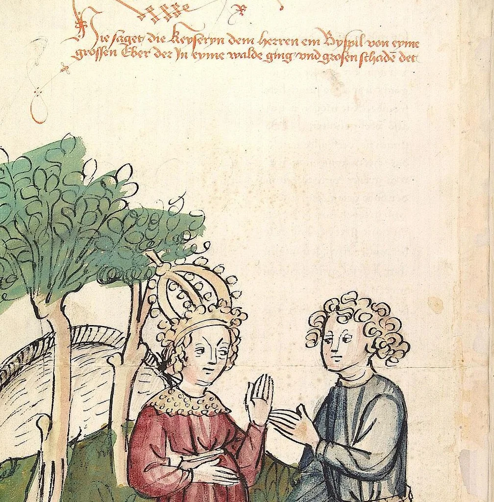 An illustration from Historia septem sapientum, dt. ; Martinus Oppaviensis: Chronicon pontificum et imperatorum, dt., 1450, leaf 52
