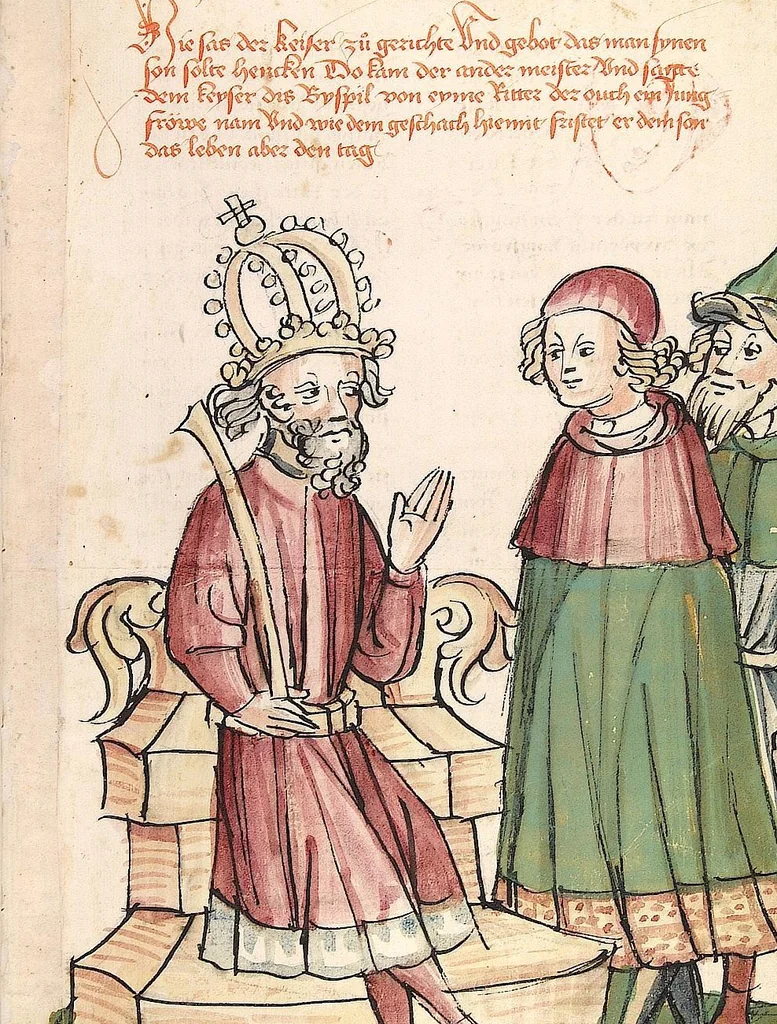 An illustration from Historia septem sapientum, dt. ; Martinus Oppaviensis: Chronicon pontificum et imperatorum, dt., 1450, leaf 55