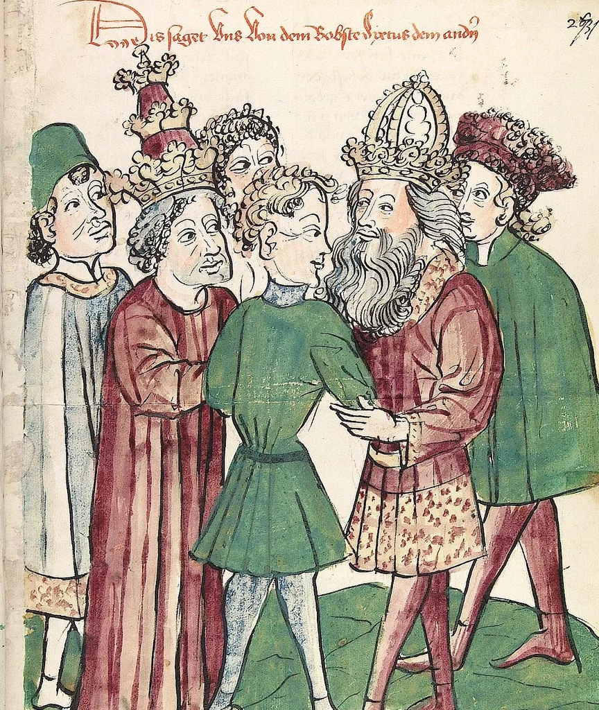 An illustration from Historia septem sapientum, dt. ; Martinus Oppaviensis: Chronicon pontificum et imperatorum, dt., 1450, leaf 553
