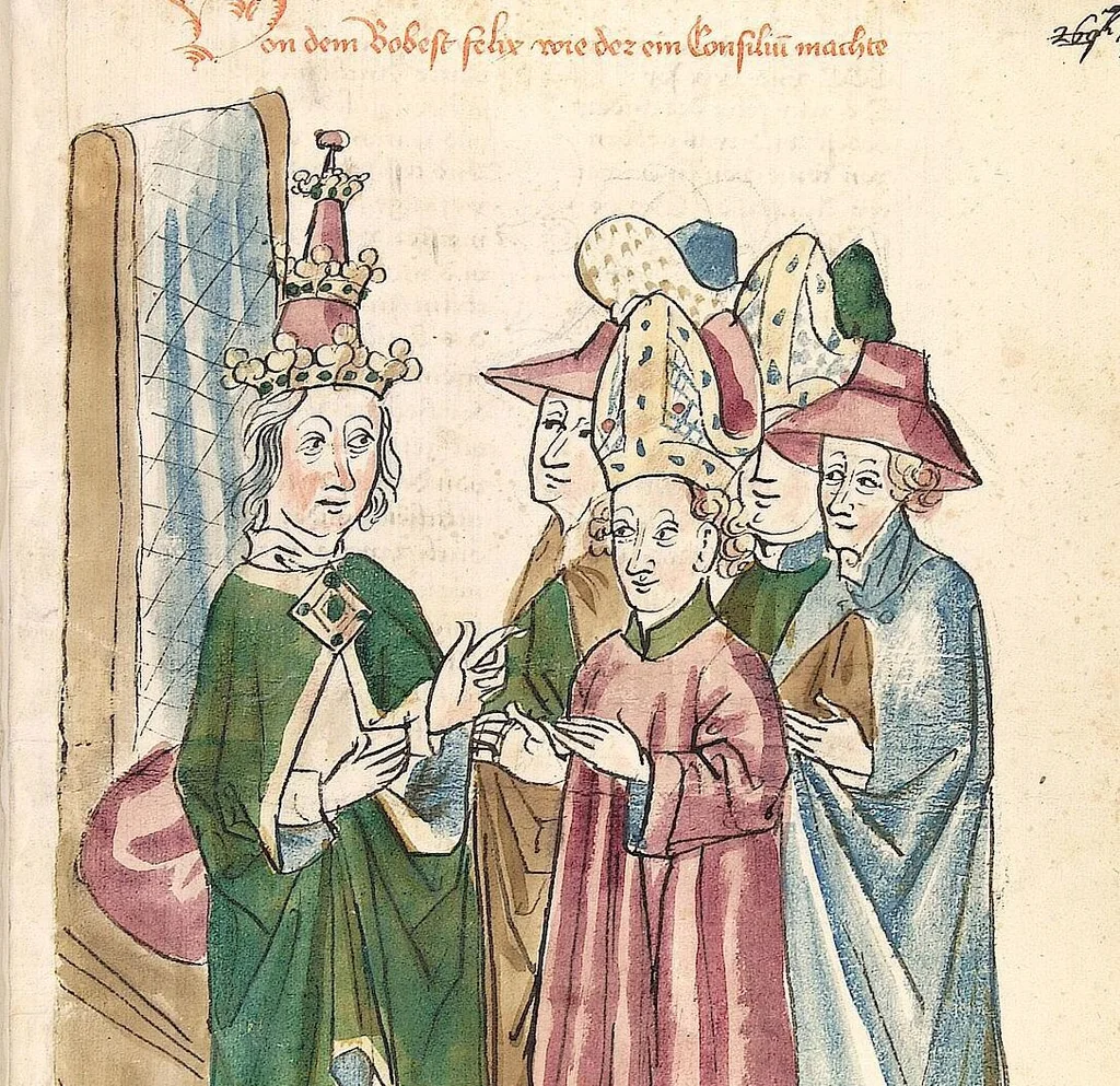 An illustration from Historia septem sapientum, dt. ; Martinus Oppaviensis: Chronicon pontificum et imperatorum, dt., 1450, leaf 565