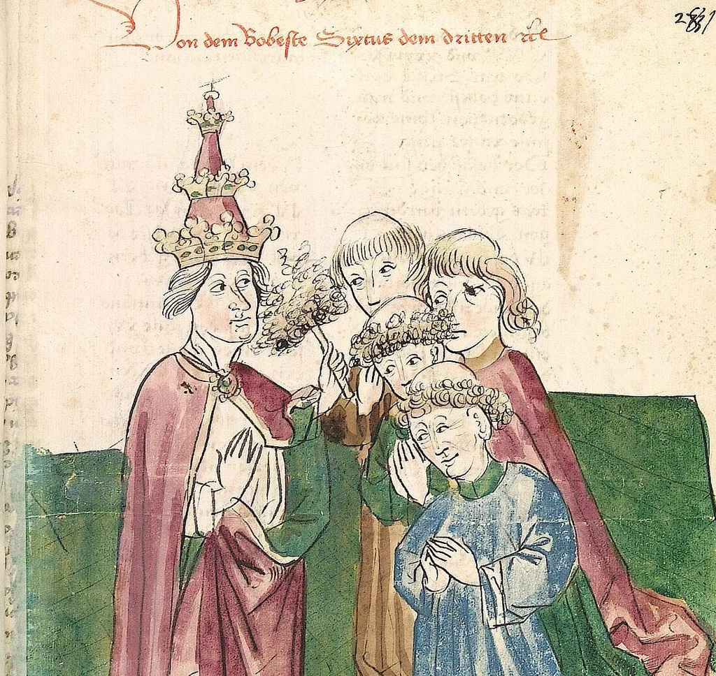 An illustration from Historia septem sapientum, dt. ; Martinus Oppaviensis: Chronicon pontificum et imperatorum, dt., 1450, leaf 573