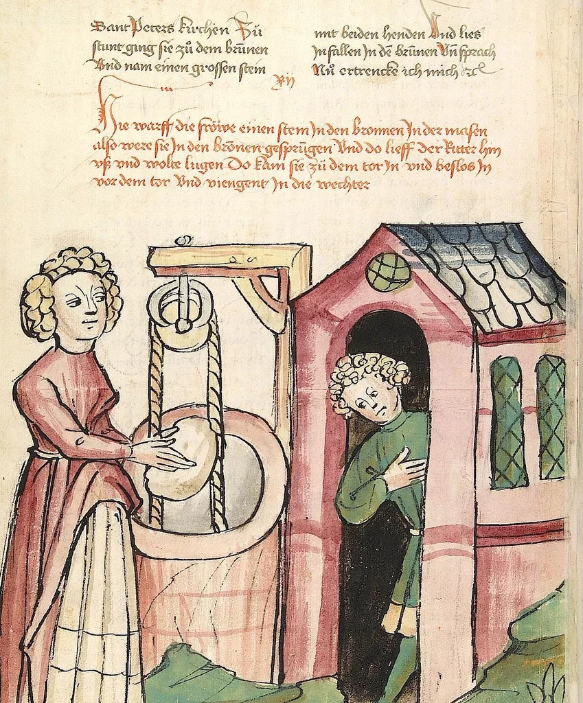 An illustration from Historia septem sapientum, dt. ; Martinus Oppaviensis: Chronicon pontificum et imperatorum, dt., 1450, leaf 58