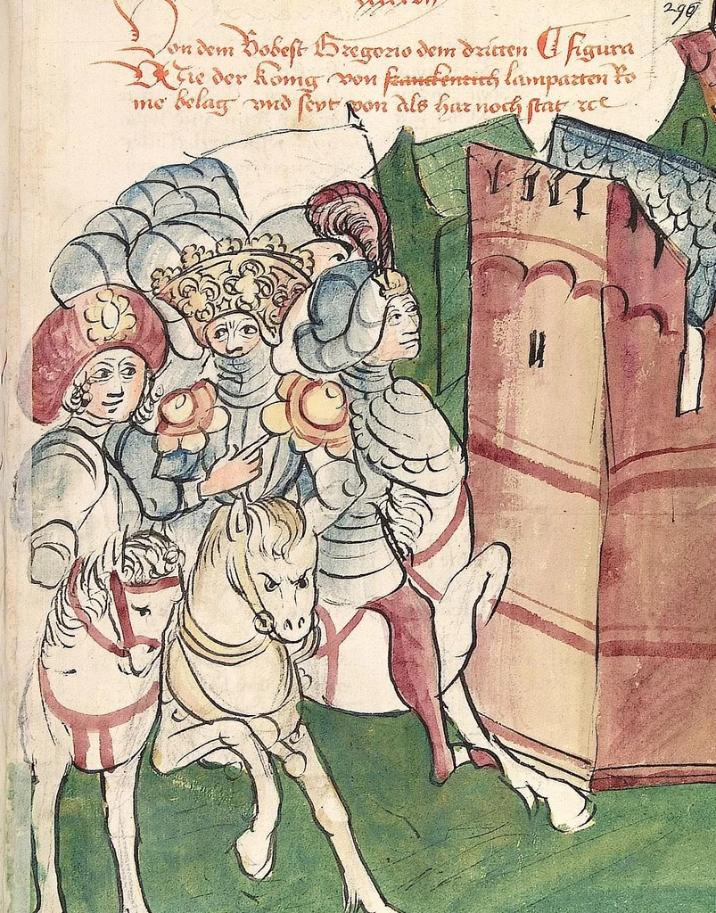 An illustration from Historia septem sapientum, dt. ; Martinus Oppaviensis: Chronicon pontificum et imperatorum, dt., 1450, leaf 607