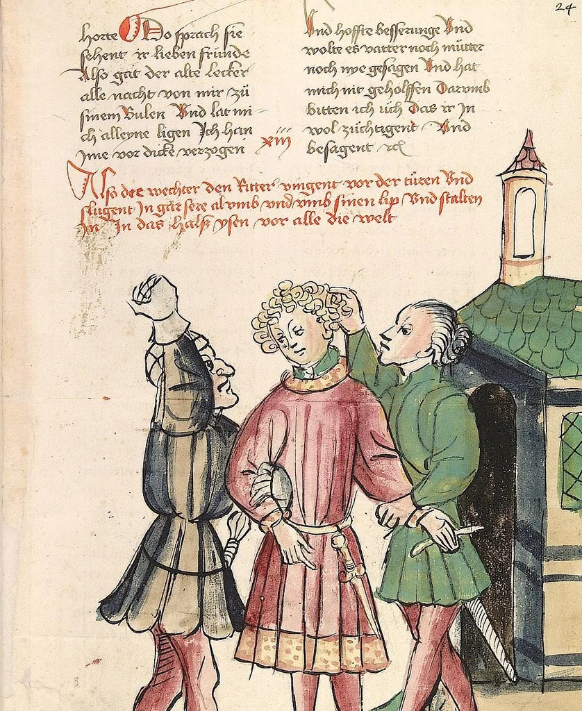 An illustration from Historia septem sapientum, dt. ; Martinus Oppaviensis: Chronicon pontificum et imperatorum, dt., 1450, leaf 61