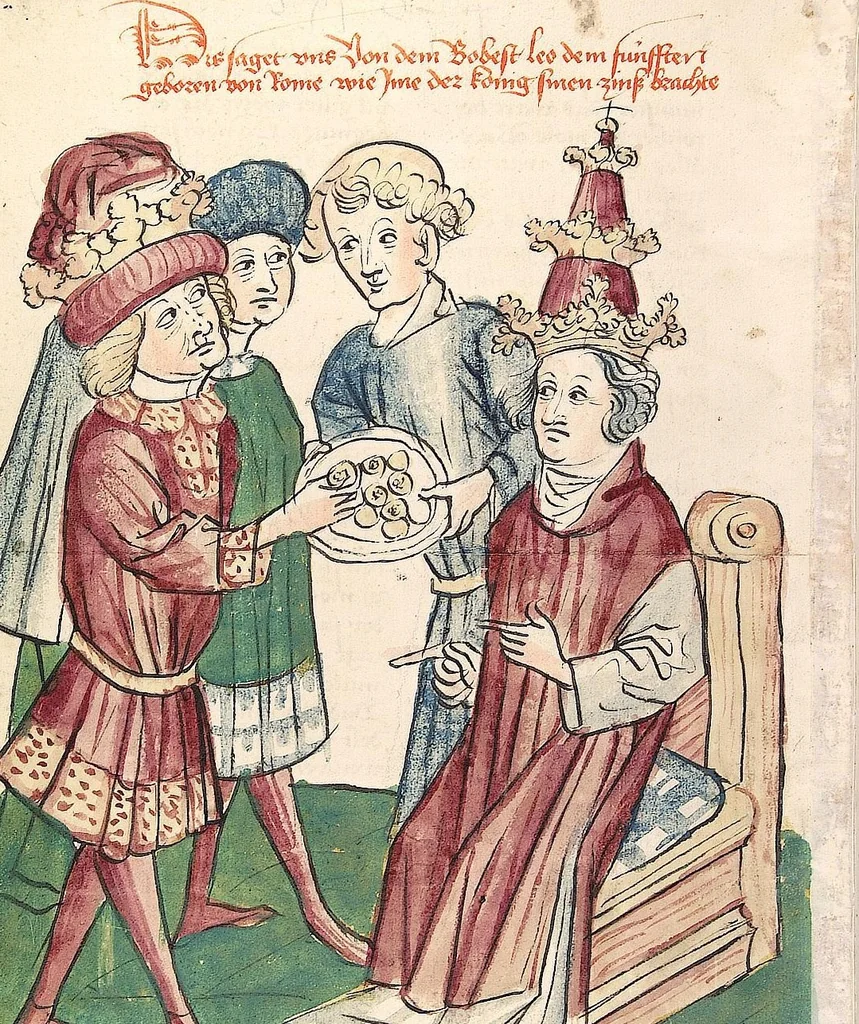 An illustration from Historia septem sapientum, dt. ; Martinus Oppaviensis: Chronicon pontificum et imperatorum, dt., 1450, leaf 620