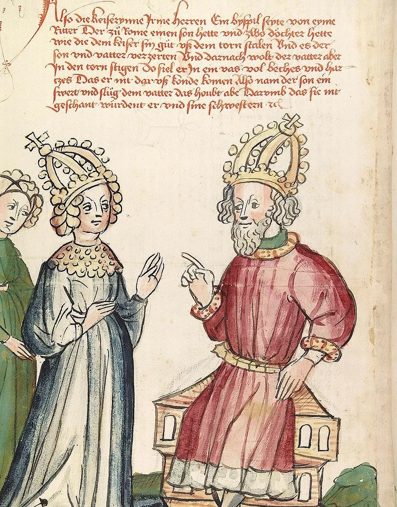 An illustration from Historia septem sapientum, dt. ; Martinus Oppaviensis: Chronicon pontificum et imperatorum, dt., 1450, leaf 64