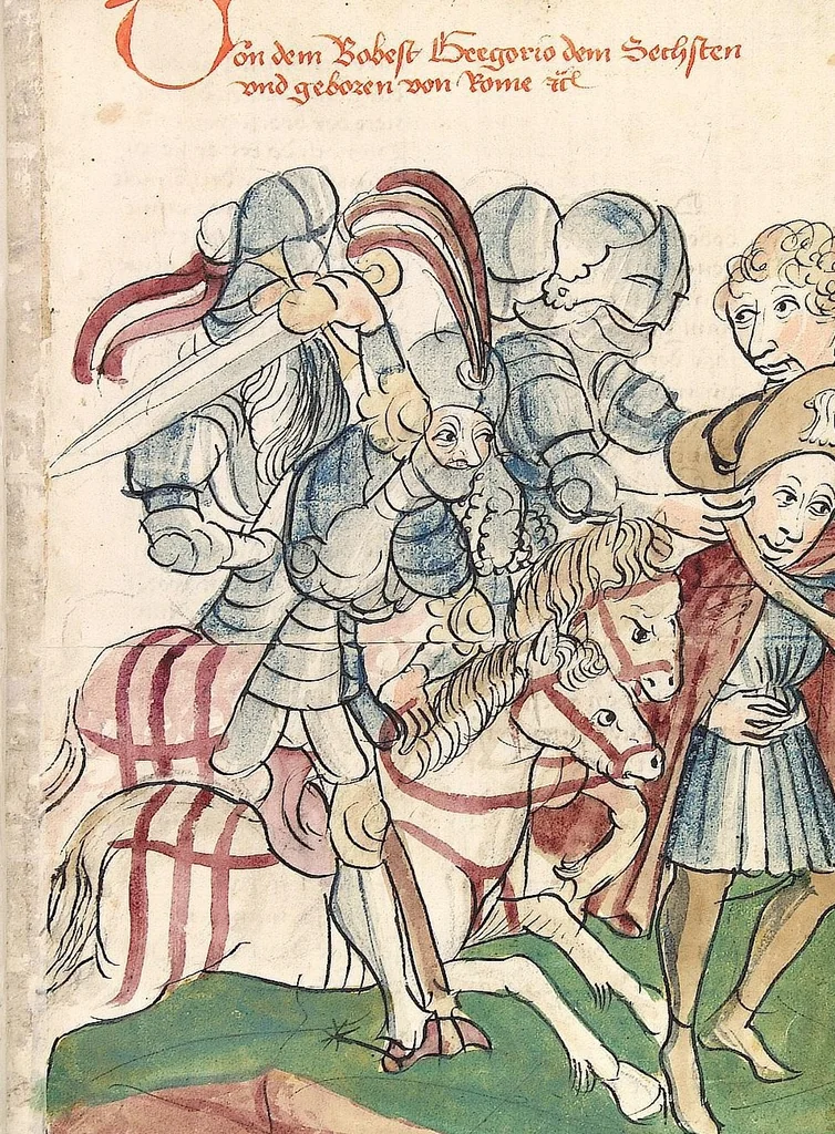 An illustration from Historia septem sapientum, dt. ; Martinus Oppaviensis: Chronicon pontificum et imperatorum, dt., 1450, leaf 649