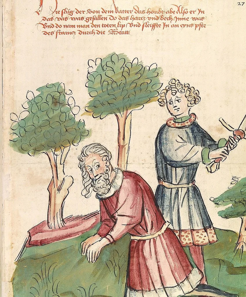 An illustration from Historia septem sapientum, dt. ; Martinus Oppaviensis: Chronicon pontificum et imperatorum, dt., 1450, leaf 67