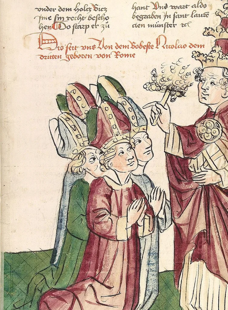 An illustration from Historia septem sapientum, dt. ; Martinus Oppaviensis: Chronicon pontificum et imperatorum, dt., 1450, leaf 683
