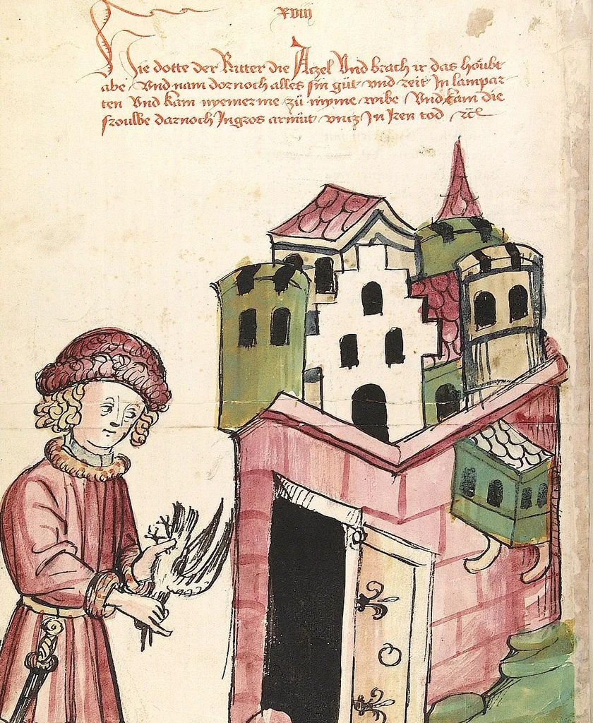 An illustration from Historia septem sapientum, dt. ; Martinus Oppaviensis: Chronicon pontificum et imperatorum, dt., 1450, leaf 82