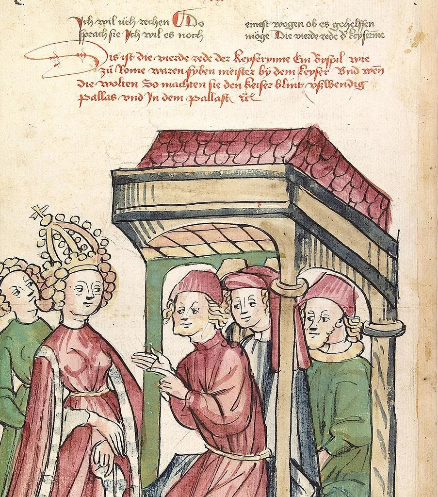 An illustration from Historia septem sapientum, dt. ; Martinus Oppaviensis: Chronicon pontificum et imperatorum, dt., 1450, leaf 84