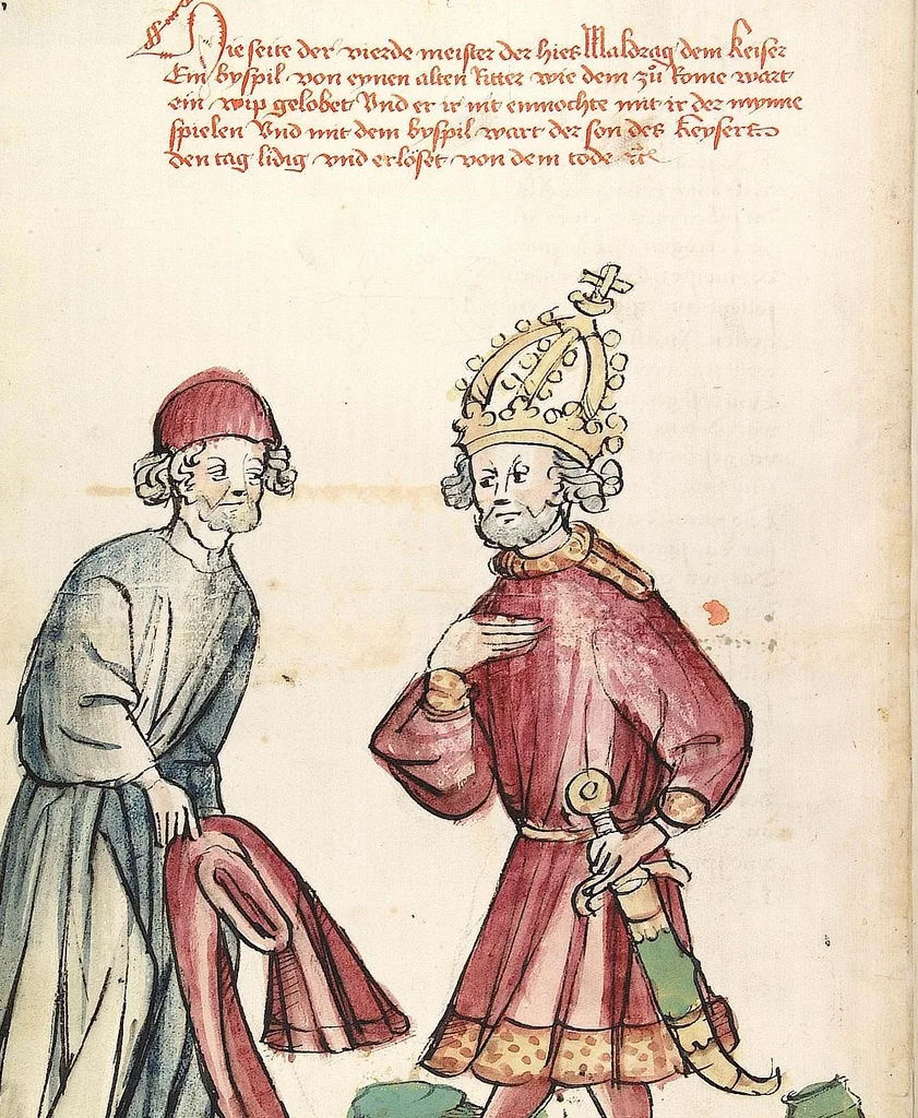 An illustration from Historia septem sapientum, dt. ; Martinus Oppaviensis: Chronicon pontificum et imperatorum, dt., 1450, leaf 92