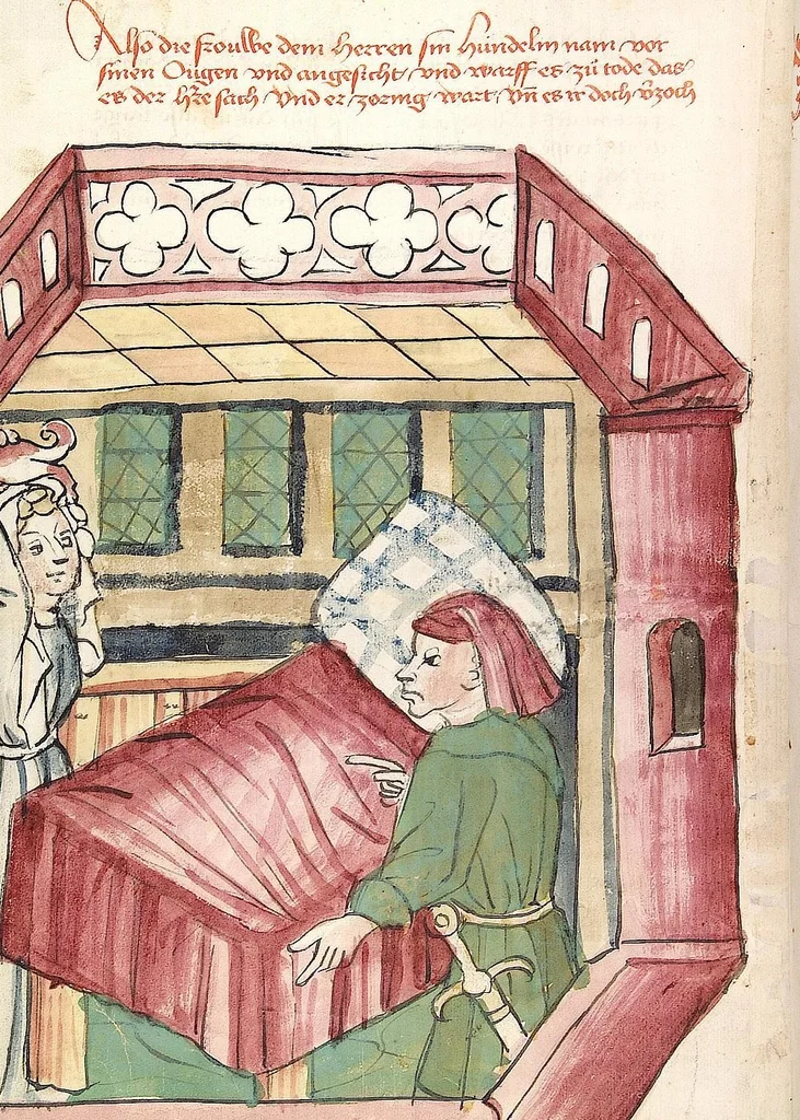 An illustration from Historia septem sapientum, dt. ; Martinus Oppaviensis: Chronicon pontificum et imperatorum, dt., 1450, leaf 94
