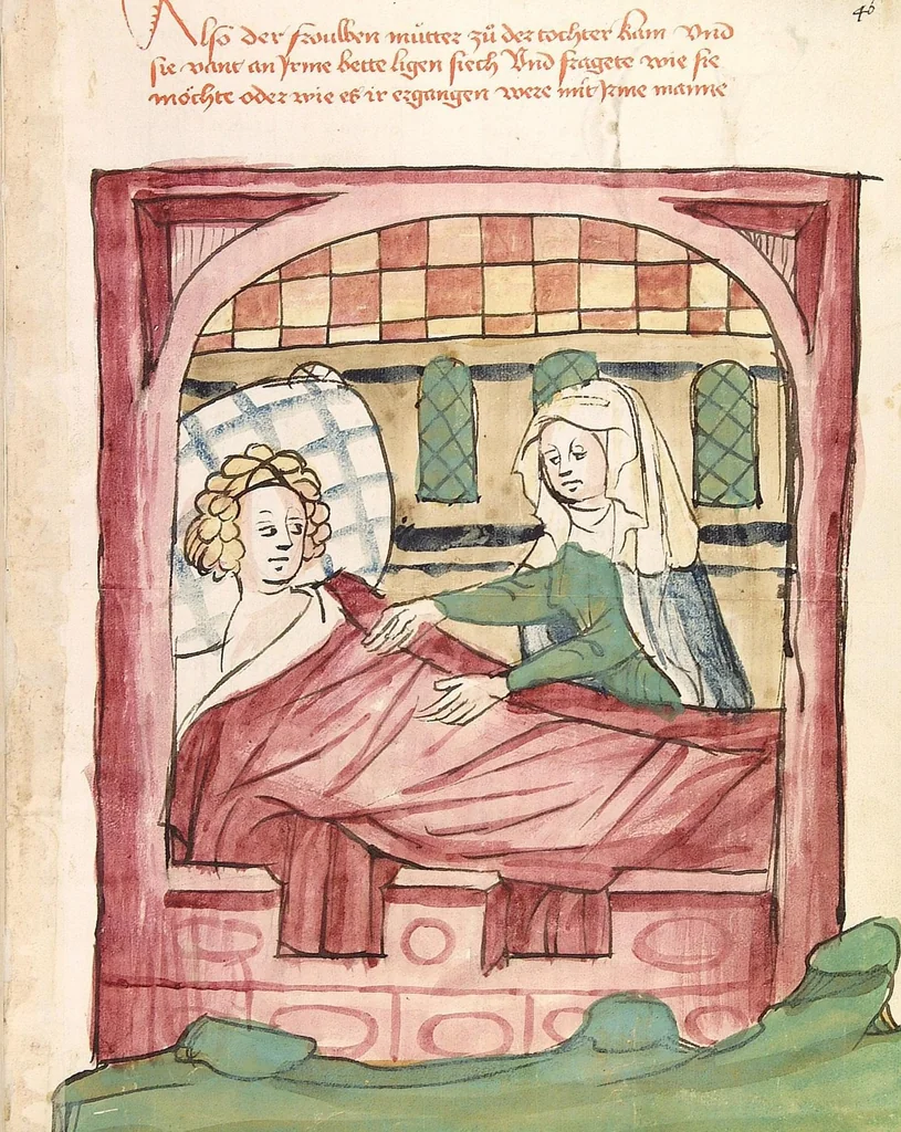 An illustration from Historia septem sapientum, dt. ; Martinus Oppaviensis: Chronicon pontificum et imperatorum, dt., 1450, leaf 105