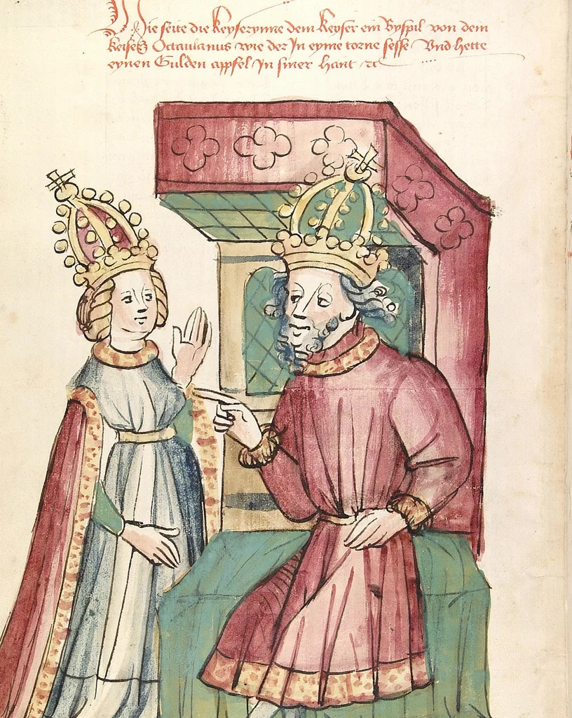 An illustration from Historia septem sapientum, dt. ; Martinus Oppaviensis: Chronicon pontificum et imperatorum, dt., 1450, leaf 108