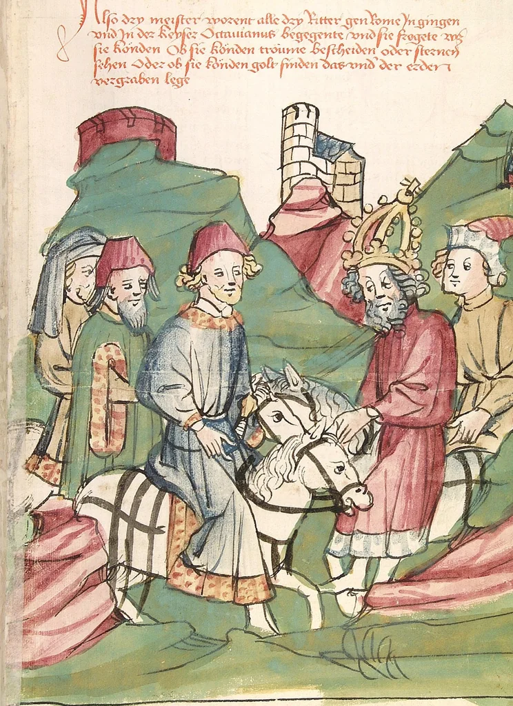 An illustration from Historia septem sapientum, dt. ; Martinus Oppaviensis: Chronicon pontificum et imperatorum, dt., 1450, leaf 111