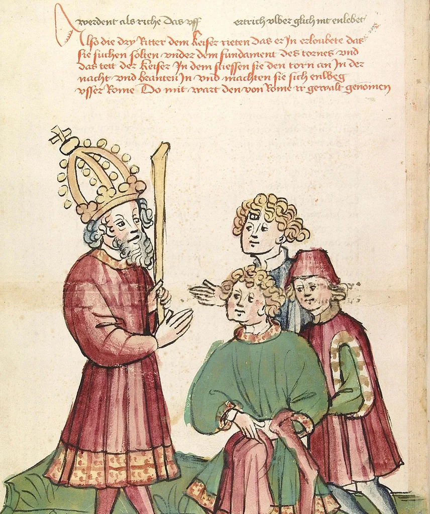 An illustration from Historia septem sapientum, dt. ; Martinus Oppaviensis: Chronicon pontificum et imperatorum, dt., 1450, leaf 114