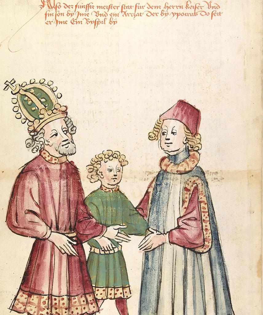 An illustration from Historia septem sapientum, dt. ; Martinus Oppaviensis: Chronicon pontificum et imperatorum, dt., 1450, leaf 118