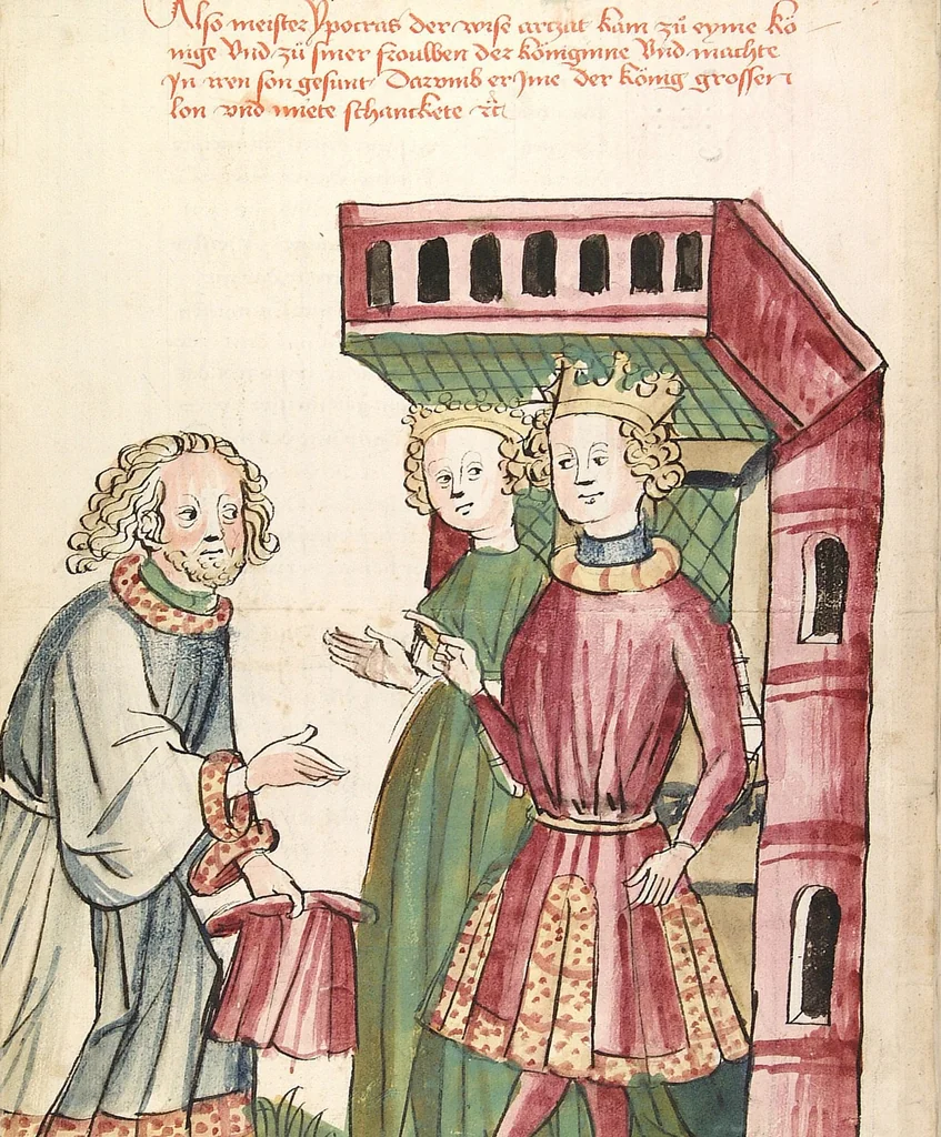 An illustration from Historia septem sapientum, dt. ; Martinus Oppaviensis: Chronicon pontificum et imperatorum, dt., 1450, leaf 120