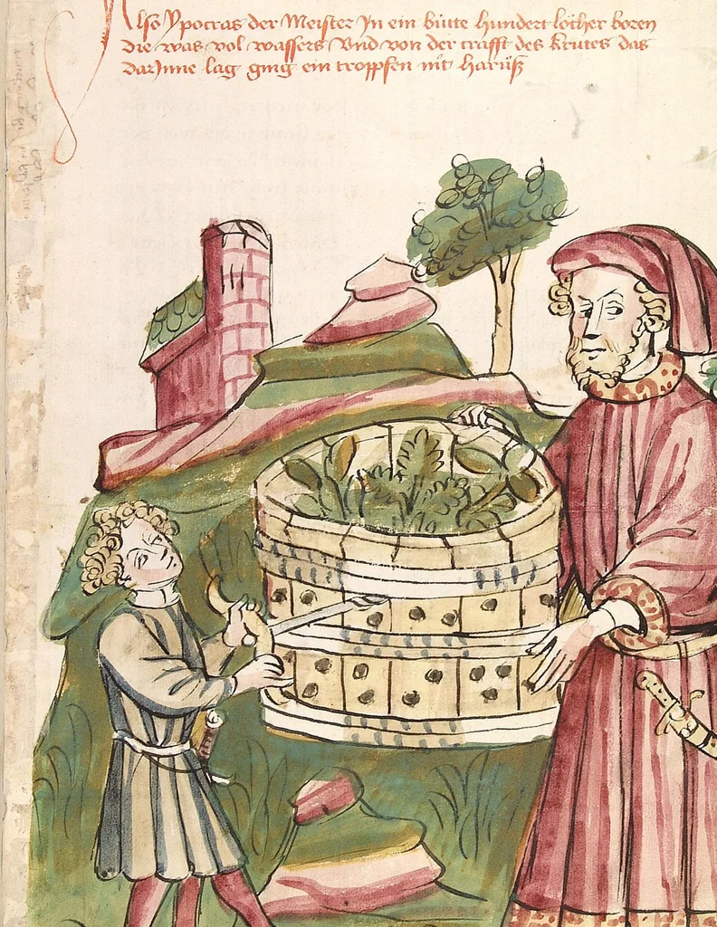 An illustration from Historia septem sapientum, dt. ; Martinus Oppaviensis: Chronicon pontificum et imperatorum, dt., 1450, leaf 123