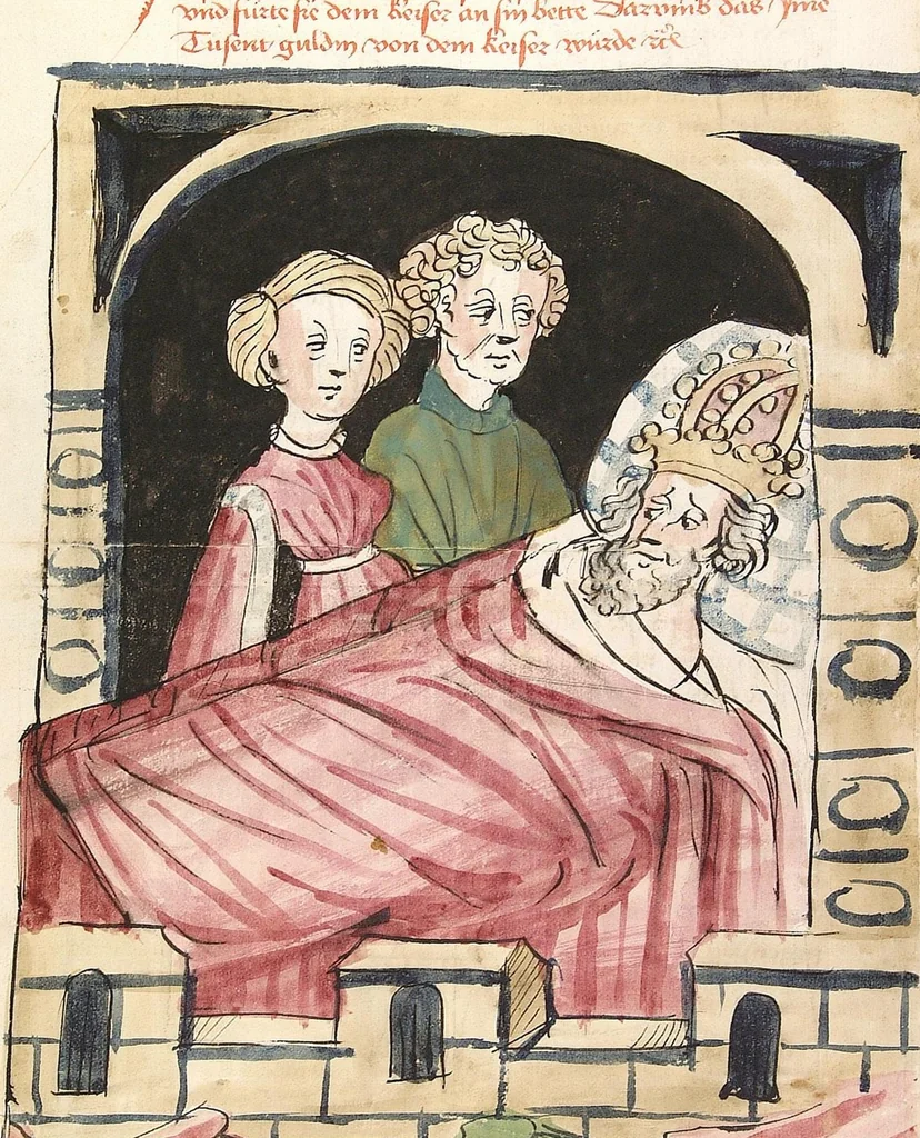 An illustration from Historia septem sapientum, dt. ; Martinus Oppaviensis: Chronicon pontificum et imperatorum, dt., 1450, leaf 126