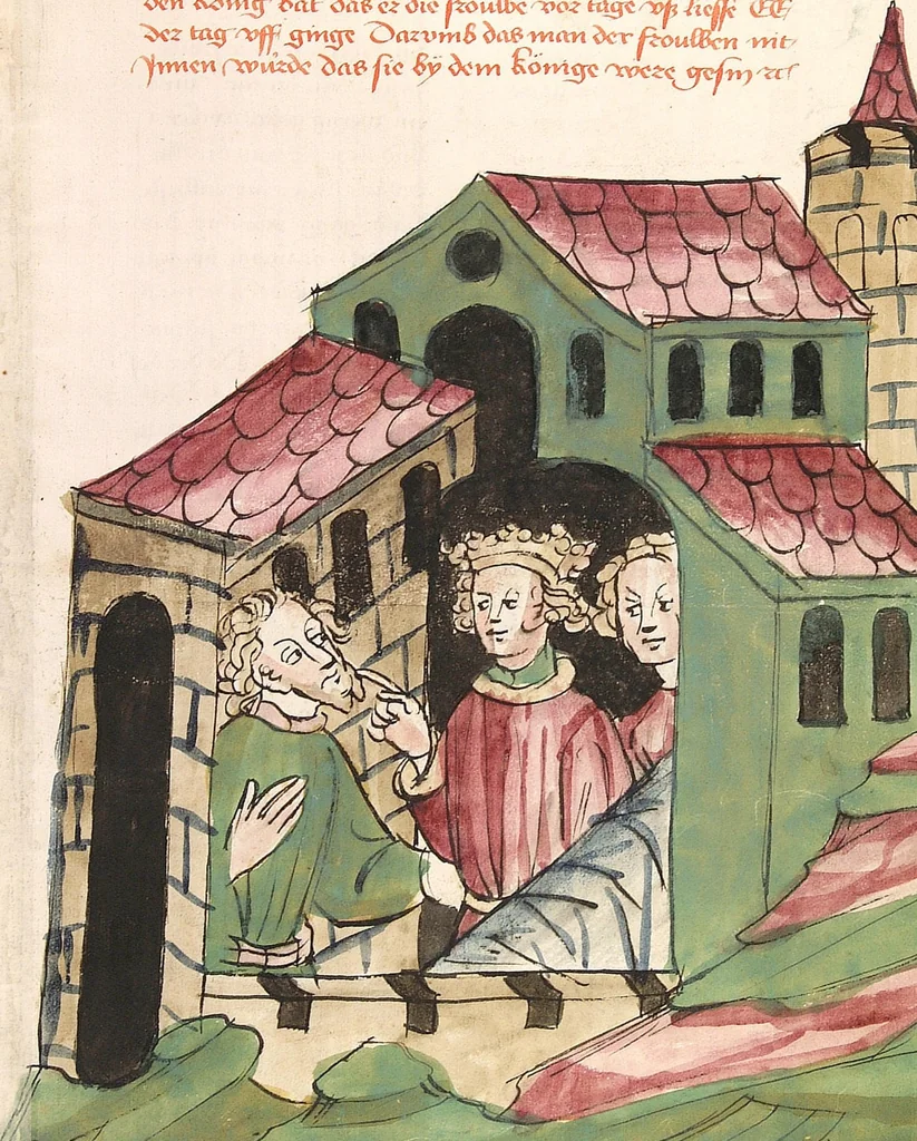 An illustration from Historia septem sapientum, dt. ; Martinus Oppaviensis: Chronicon pontificum et imperatorum, dt., 1450, leaf 129
