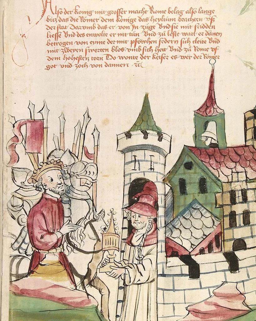 An illustration from Historia septem sapientum, dt. ; Martinus Oppaviensis: Chronicon pontificum et imperatorum, dt., 1450, leaf 131