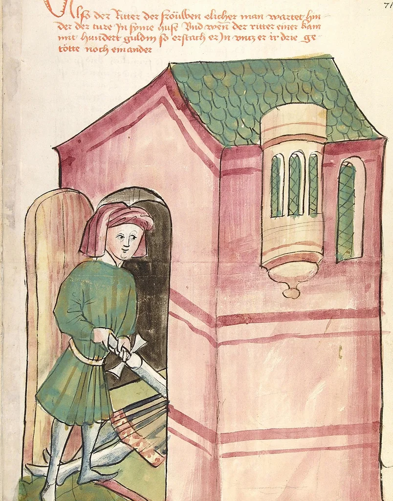 An illustration from Historia septem sapientum, dt. ; Martinus Oppaviensis: Chronicon pontificum et imperatorum, dt., 1450, leaf 139