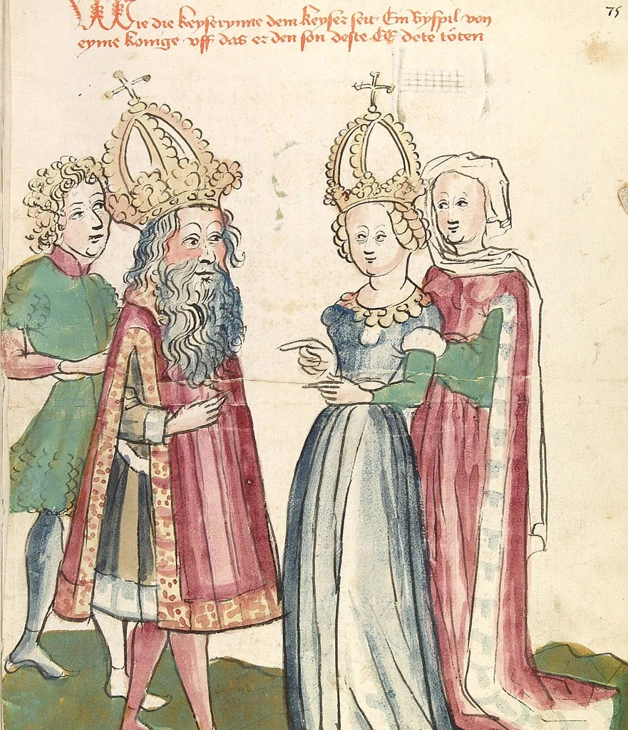 An illustration from Historia septem sapientum, dt. ; Martinus Oppaviensis: Chronicon pontificum et imperatorum, dt., 1450, leaf 147