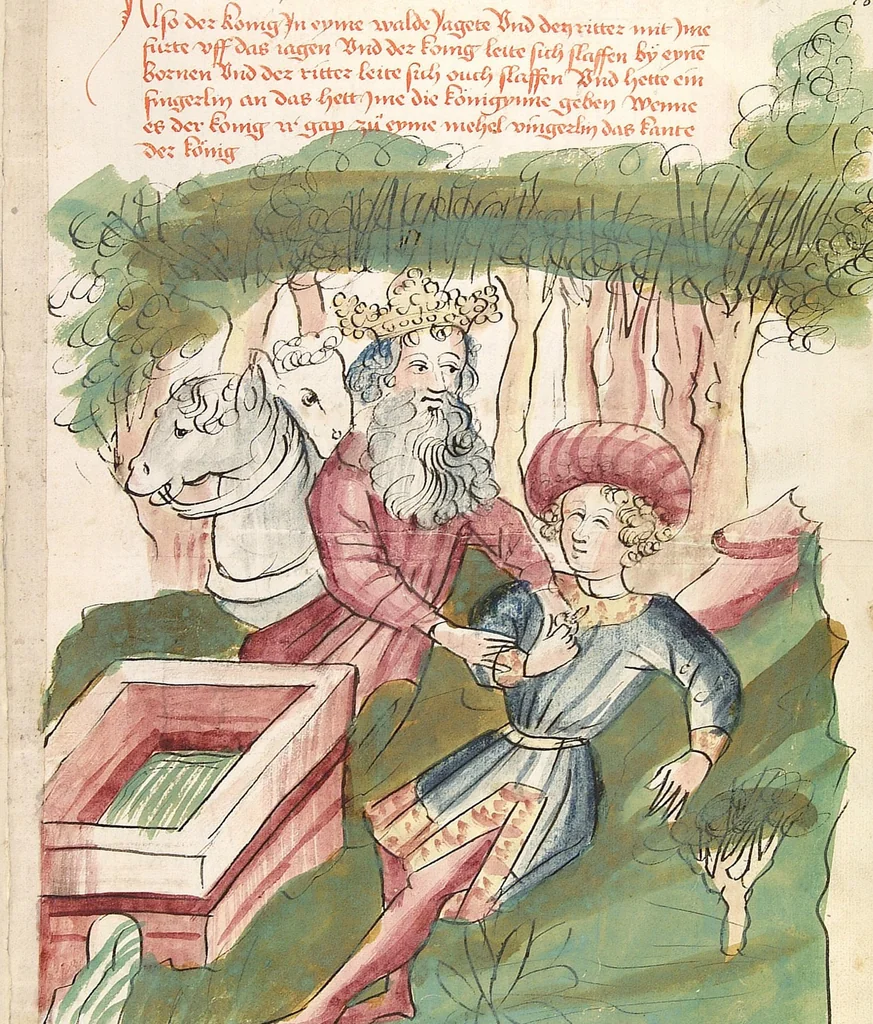 An illustration from Historia septem sapientum, dt. ; Martinus Oppaviensis: Chronicon pontificum et imperatorum, dt., 1450, leaf 153
