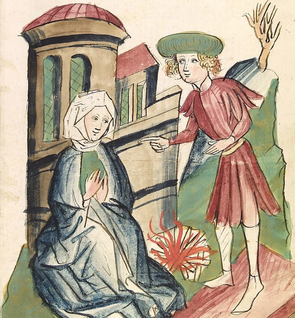 An illustration from Historia septem sapientum, dt. ; Martinus Oppaviensis: Chronicon pontificum et imperatorum, dt., 1450, leaf 167