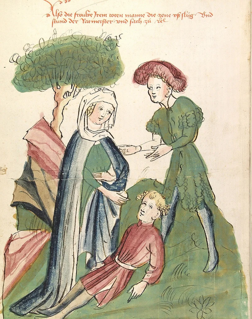 An illustration from Historia septem sapientum, dt. ; Martinus Oppaviensis: Chronicon pontificum et imperatorum, dt., 1450, leaf 170