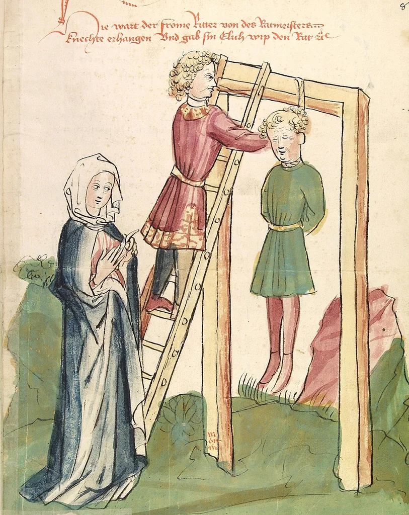 An illustration from Historia septem sapientum, dt. ; Martinus Oppaviensis: Chronicon pontificum et imperatorum, dt., 1450, leaf 173