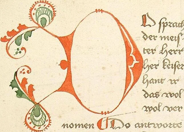 An illustration from Historia septem sapientum, dt. ; Martinus Oppaviensis: Chronicon pontificum et imperatorum, dt., 1450, leaf 174