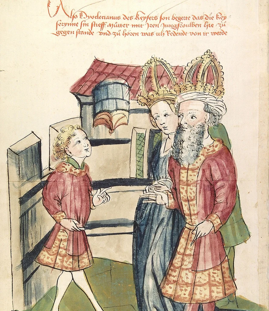 An illustration from Historia septem sapientum, dt. ; Martinus Oppaviensis: Chronicon pontificum et imperatorum, dt., 1450, leaf 176